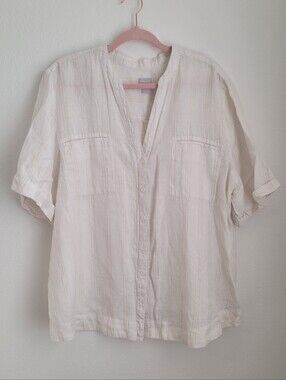 Chico's Linen Metallic Gold Pinstripe Button Front Blouse Top White Size 4 XXL